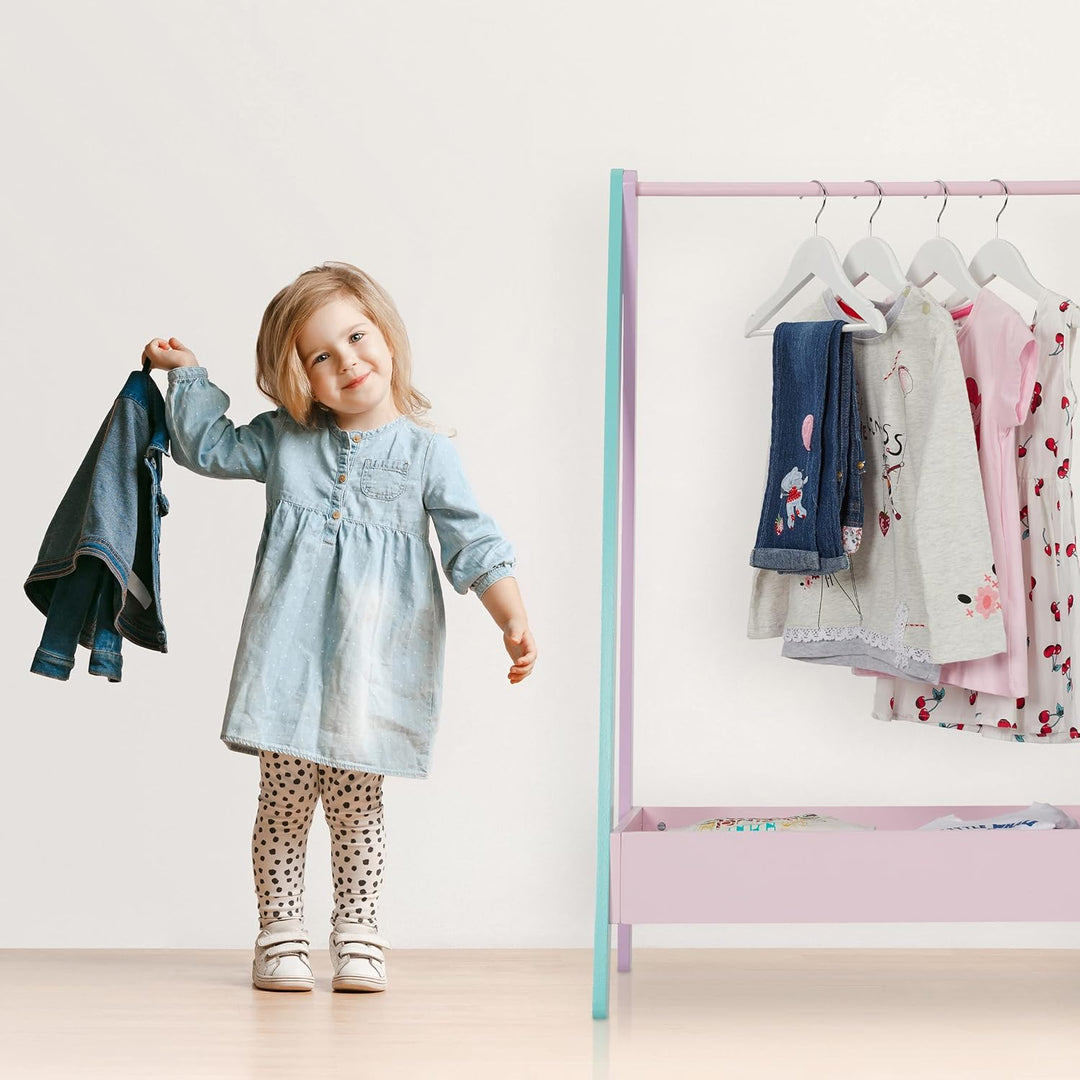 Relaxdays Kinder Kleiderständer, Kleiderstange für Kinderzimmer, mit Ablage, HBT: 99x64,5x42 cm, Kin
