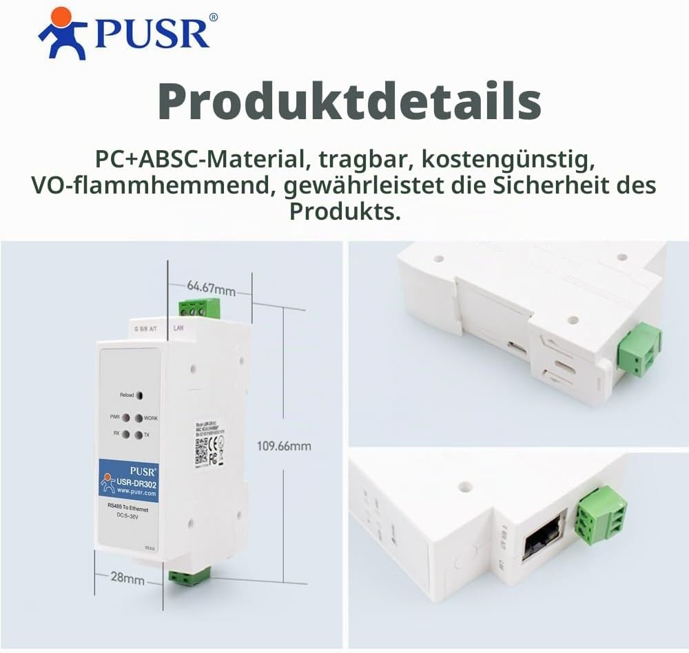 PUSR DIN-Schiene RS485 zu Ethernet Konverter Modbus RTU zu TCP Modbus Gateway überträgt Daten transp