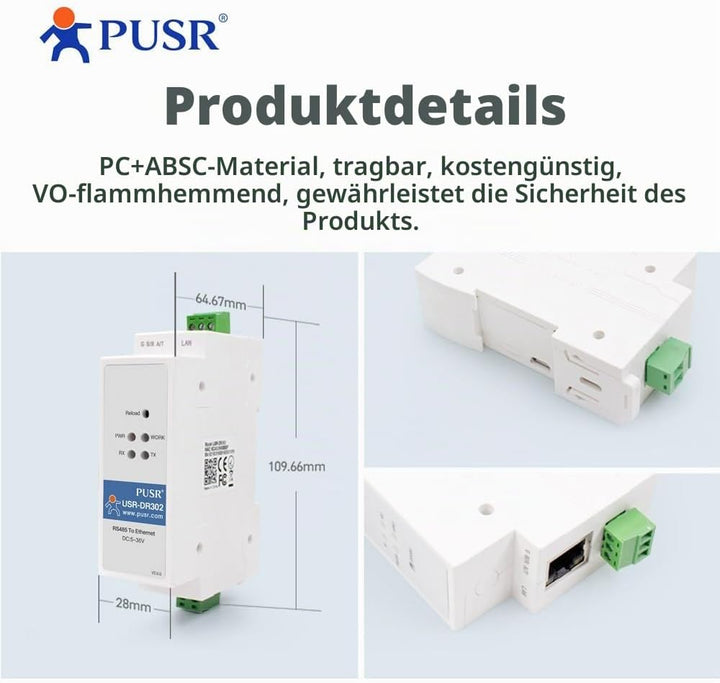 PUSR DIN-Schiene RS485 zu Ethernet Konverter Modbus RTU zu TCP Modbus Gateway überträgt Daten transp