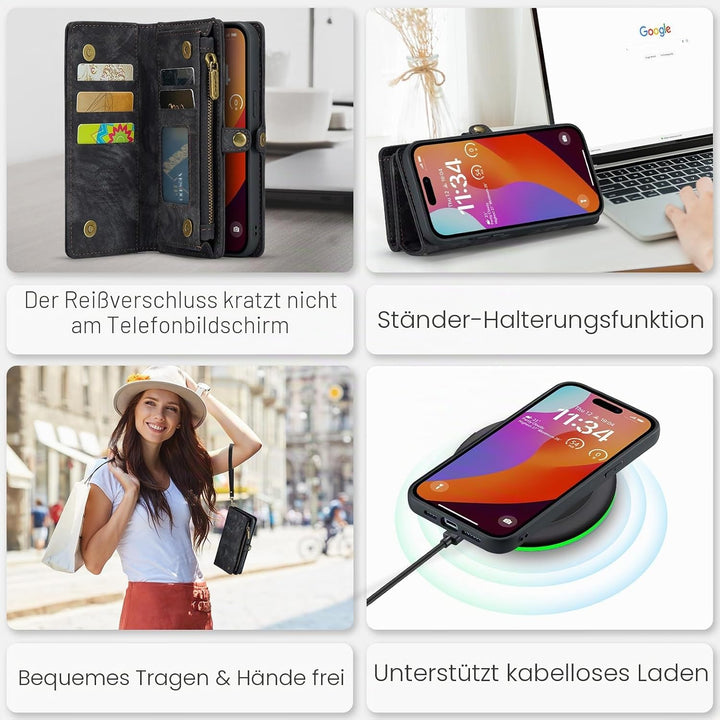 UFinetech für iPhone 15 Pro Max Hülle, Flip Leder TPU Stossfest Kartenfach Tasche Handyhülle für iPh