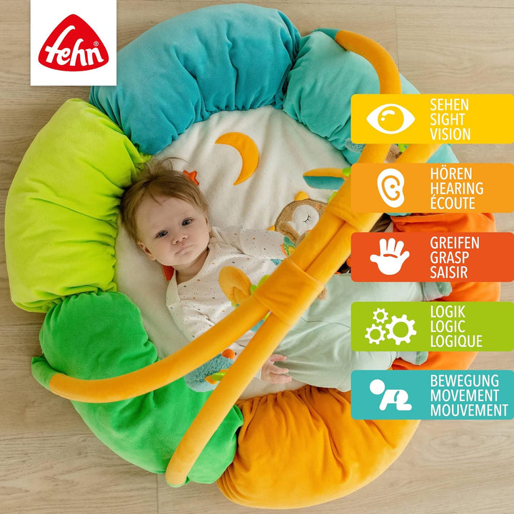 Fehn 071184 3-D-Activity-Nest Eule / Besonders weicher Spielbogen mit 5 abnehmbaren Spielzeugen für