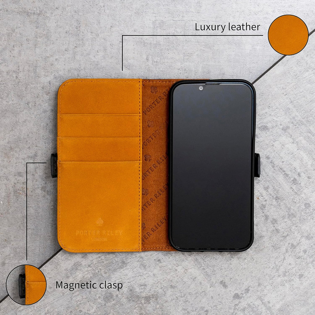 Porter Riley – Lederhülle kompatibel mit iPhone 16 Pro. Hochwertiges Nubukleder mit Standfunktion, K