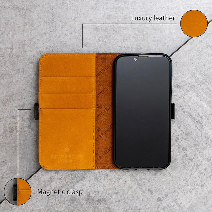 Porter Riley – Lederhülle kompatibel mit iPhone 16 Pro. Hochwertiges Nubukleder mit Standfunktion, K