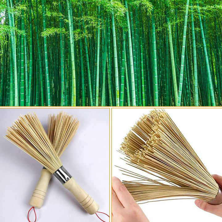 4 STK Wok Bürste Bambus Set, Pilzbürste, Bambus Wok mit Schnur Bürste für Reinigung von Töpfen, Pfan