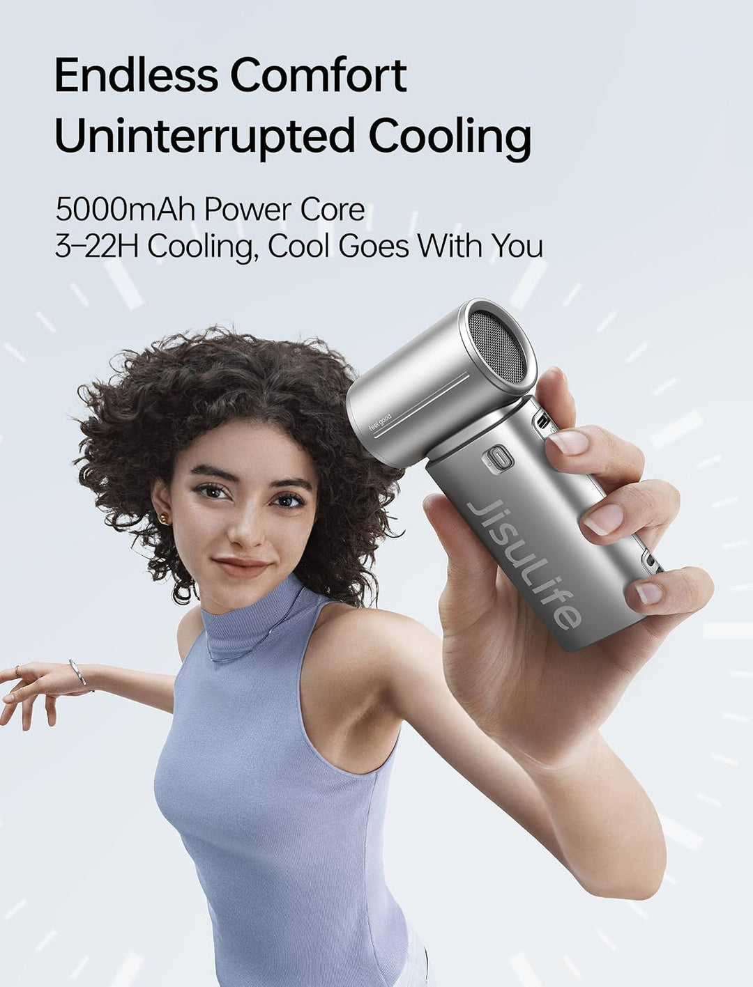 JISULIFE Tragbarer Handventilator 9S, Turbo Power, bis zu 22 Stunden Laufzeit, 5000 mAh Akku, 5-Gang