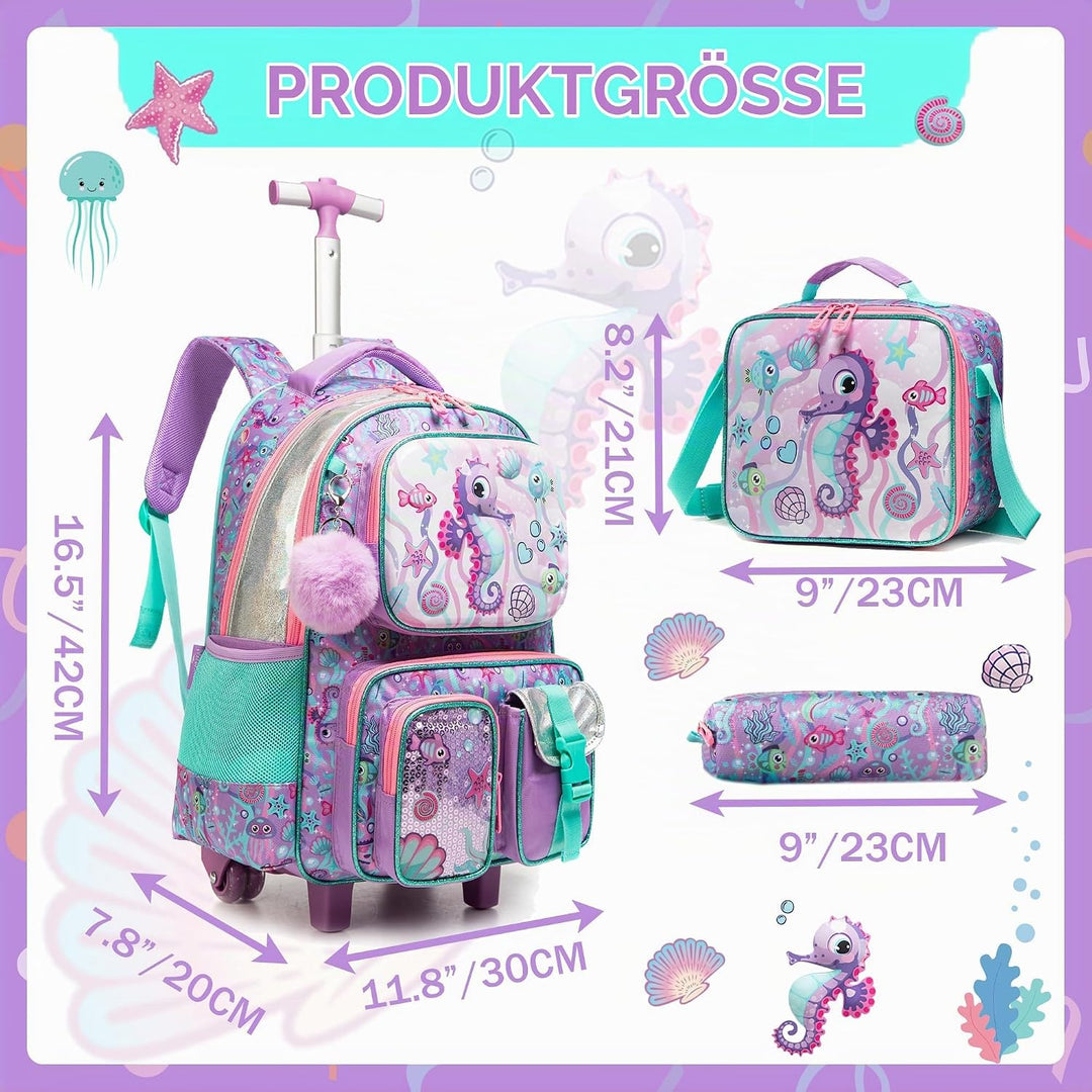HTgroce Schulranzen Trolley Mädchen Meerjungfrau Rolling Backpack for Girls Einhorn Rucksack Mit Rol