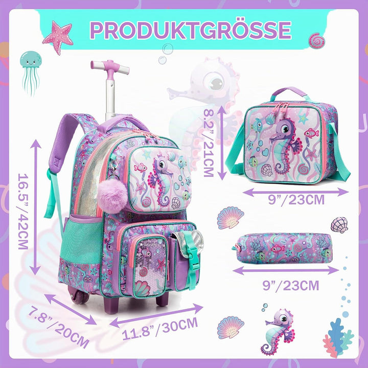 HTgroce Schulranzen Trolley Mädchen Meerjungfrau Rolling Backpack for Girls Einhorn Rucksack Mit Rol