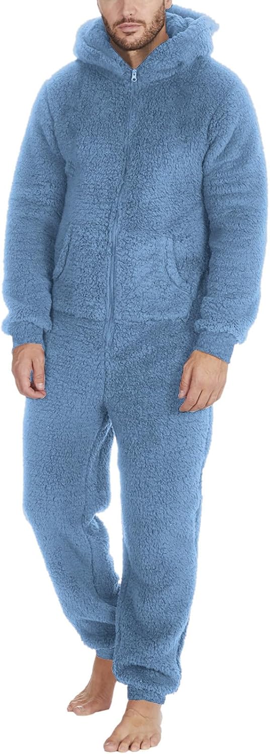 Jumpsuit Herren Teddy Fleece Schlafanzug Einteiler Onesie Winter Fluffy Pyjama Kuschelig Overall mit