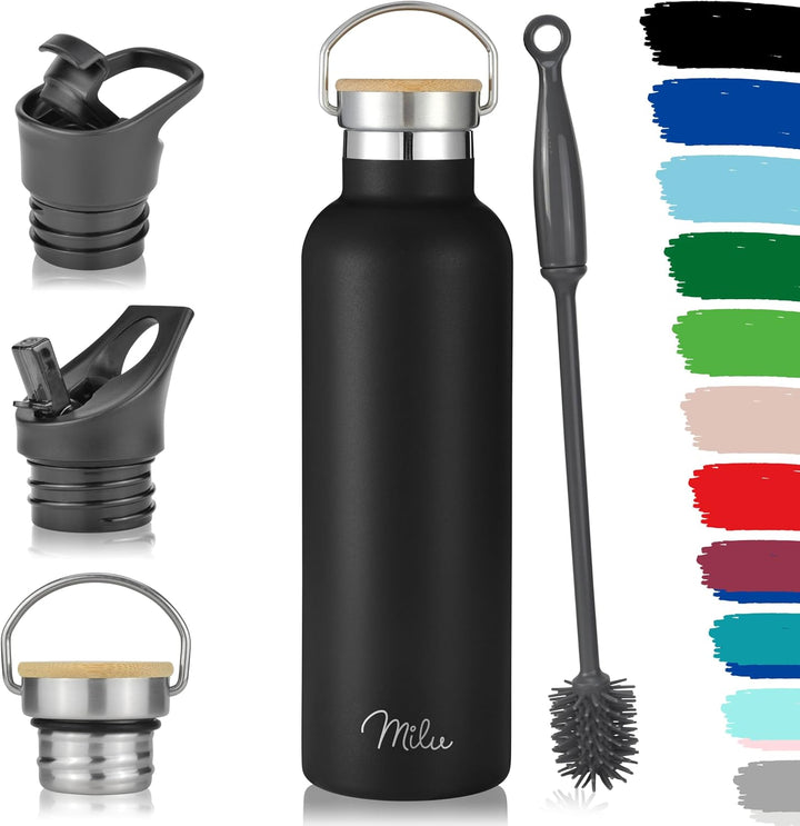 Milu Edelstahl Trinkflasche 500ml, 750ml, 1000ml (+3 Deckel) - Thermosflasche mit Strohhalm, Isolier