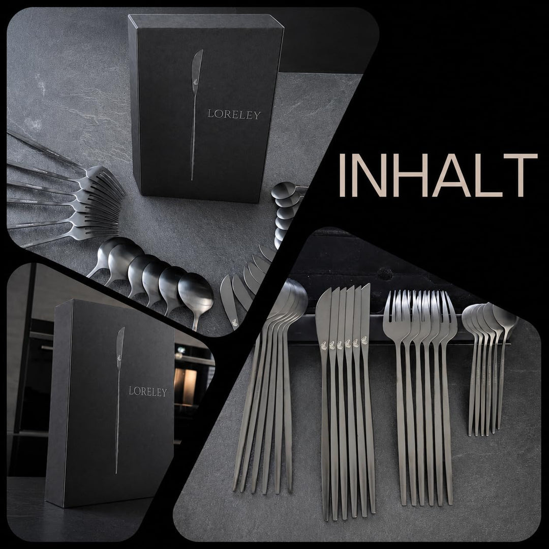 LORELEY® MITTELRHEIN Germany Premium Besteck Set Schwarz Matt – 24 teilig für 6 Personen – Edelstahl