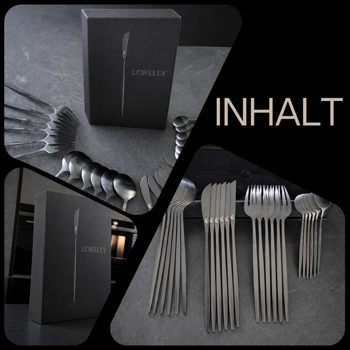 LORELEY® MITTELRHEIN Germany Premium Besteck Set Schwarz Matt – 24 teilig für 6 Personen – Edelstahl