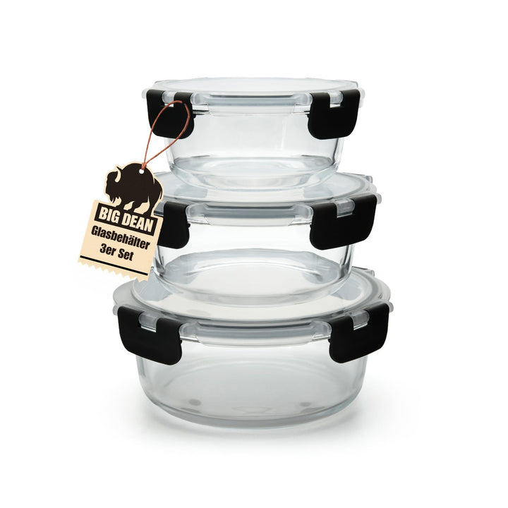 BigDean Glasbehälter mit Deckel in 3 Grössen - Mikrowellengeschirr Glas - Meal Prep Container - Rund