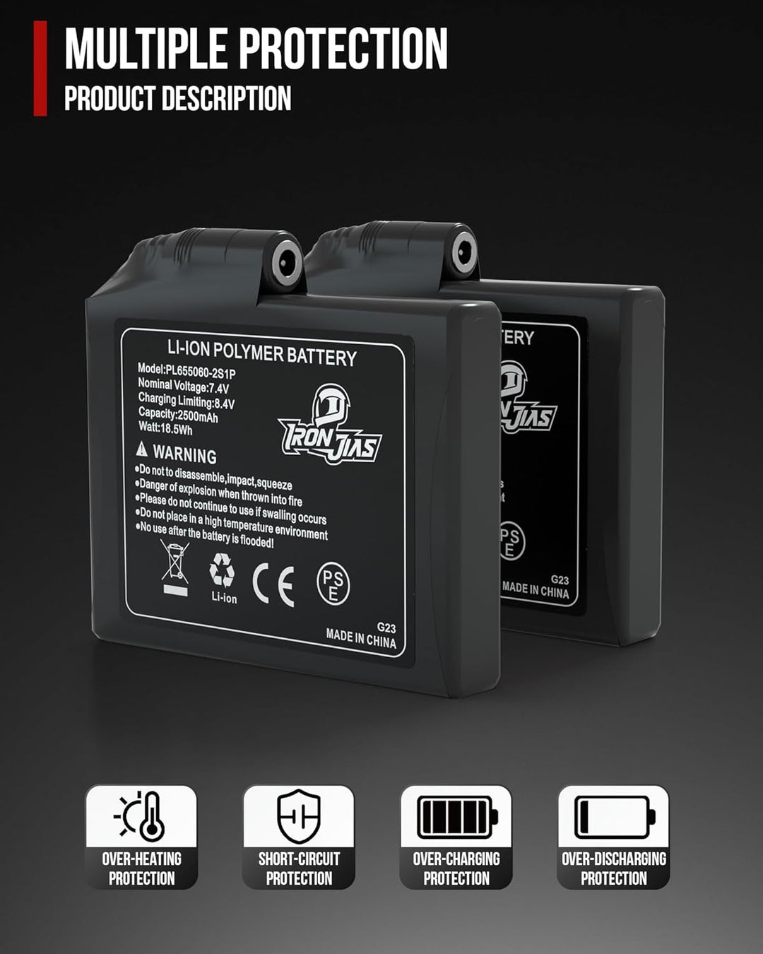 IRON JIA'S Batterie Lithium Polymer 7.4V wiederaufladbare 2500mAh Batterie, CE Zertifiziert, UN38.3,