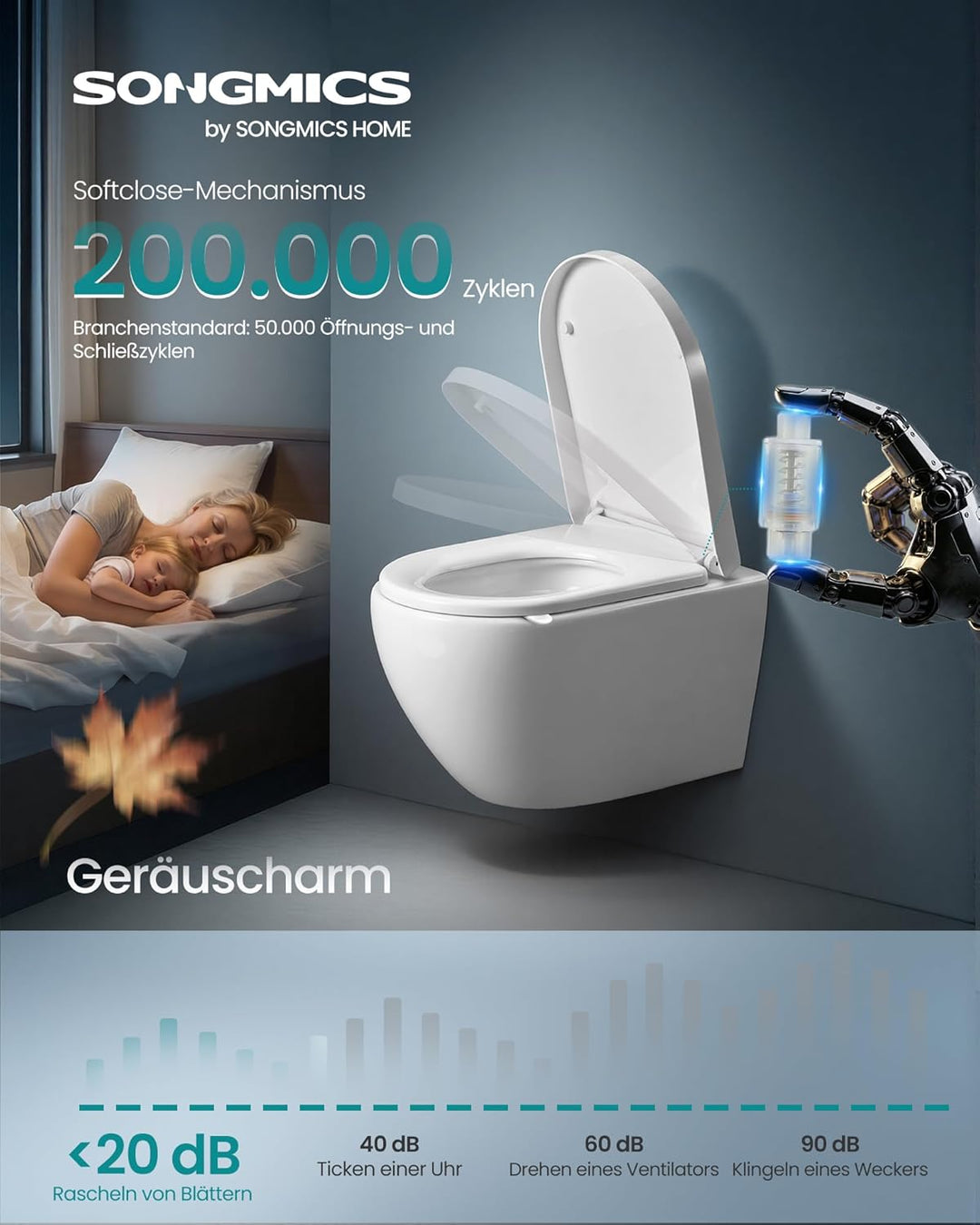 SONGMICS Toilettendeckel, lange D-Form, WC-Sitz mit Absenkautomatik, Griff, Toilettensitz abnehmbar,