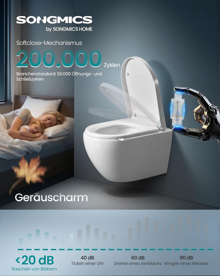 SONGMICS Toilettendeckel, lange D-Form, WC-Sitz mit Absenkautomatik, Griff, Toilettensitz abnehmbar,