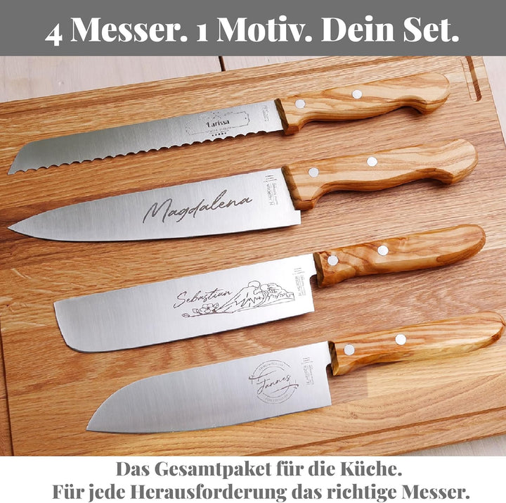 personalisiertes Premium Messer-Set von H. Herder mit Gravur – 4-teilig (Santoku, Nakiri, Koch- & Br