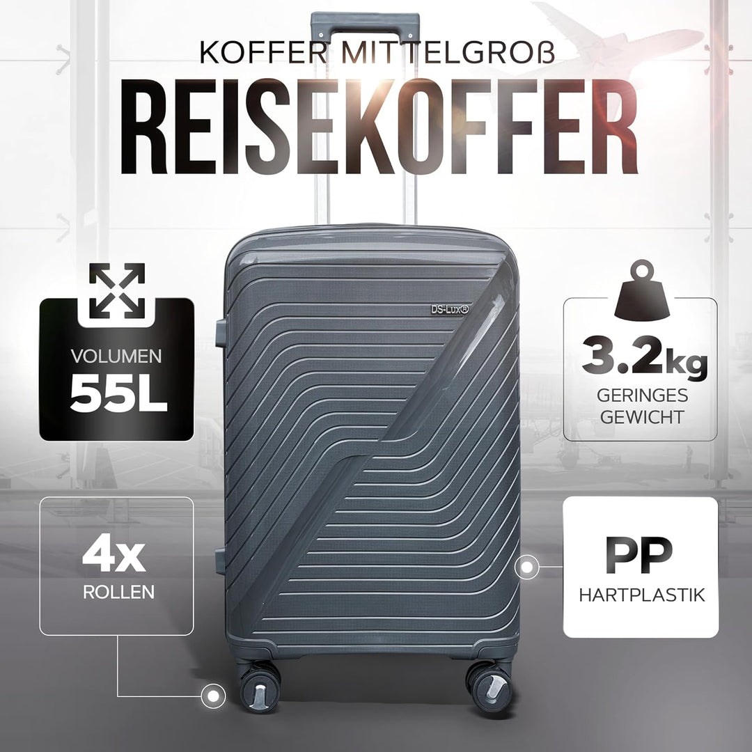 DS-Lux Hartschalen Reisekoffer Grau Grösse M 55x40x25 cm und wiegt 3,2 kg | Hartschalenkoffer Mittel