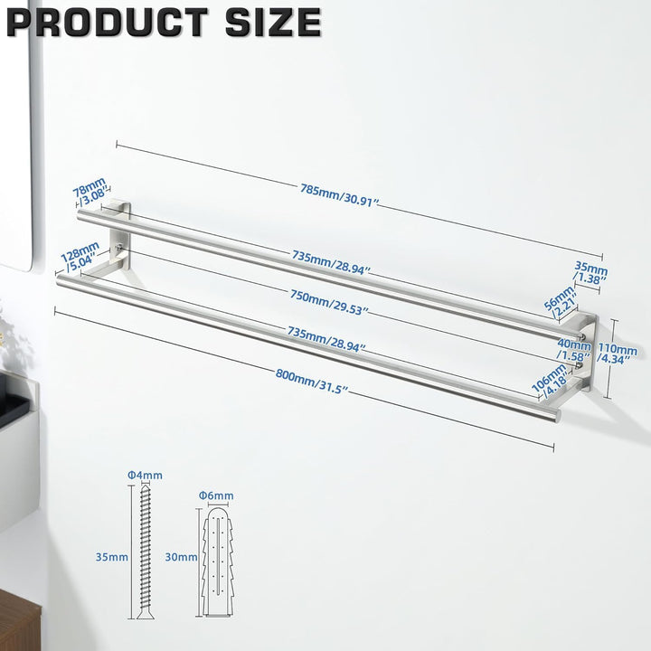 Gebürstet Handtuchhalter Wand, 80 cm doppelter Handtuchständer, Handtuchhalter aus Edelstahl SUS304,