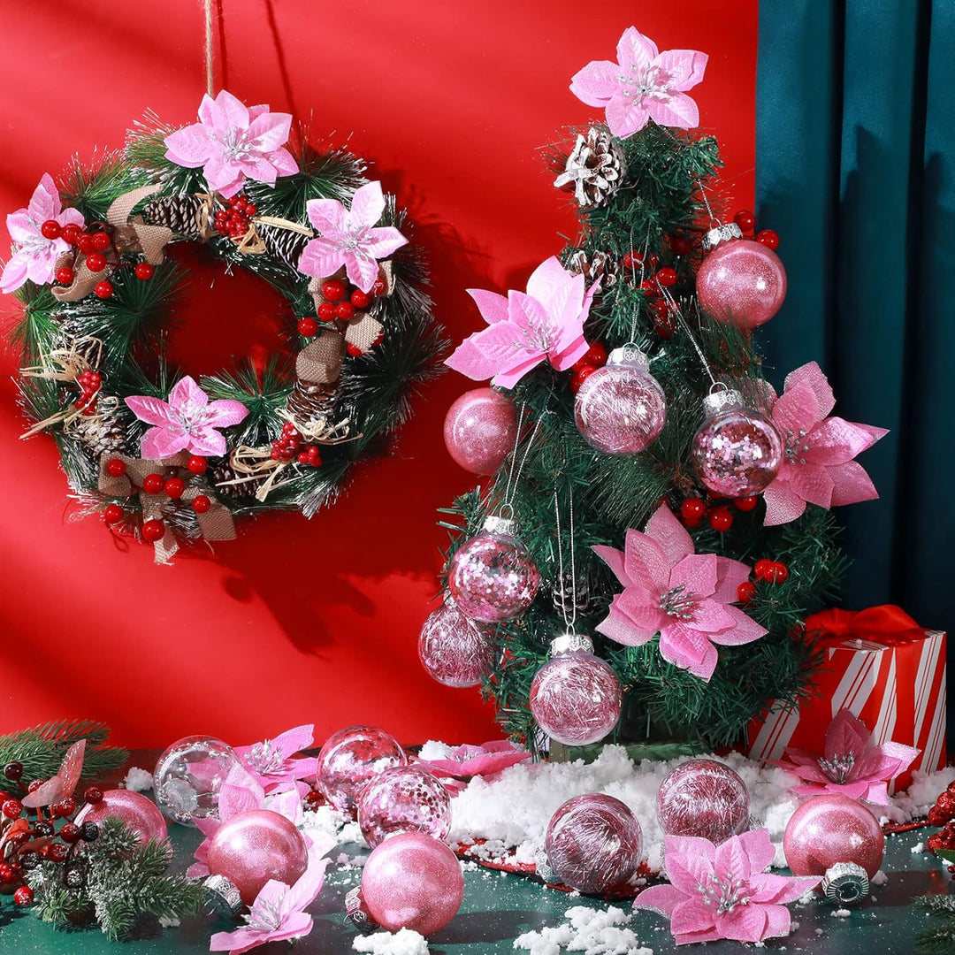 49 Stück Weihnachtsbaum Deko Set mit Weihnachtsbaumspitze 24 Stück Glitzer Weihnachten Blumen in 3 G