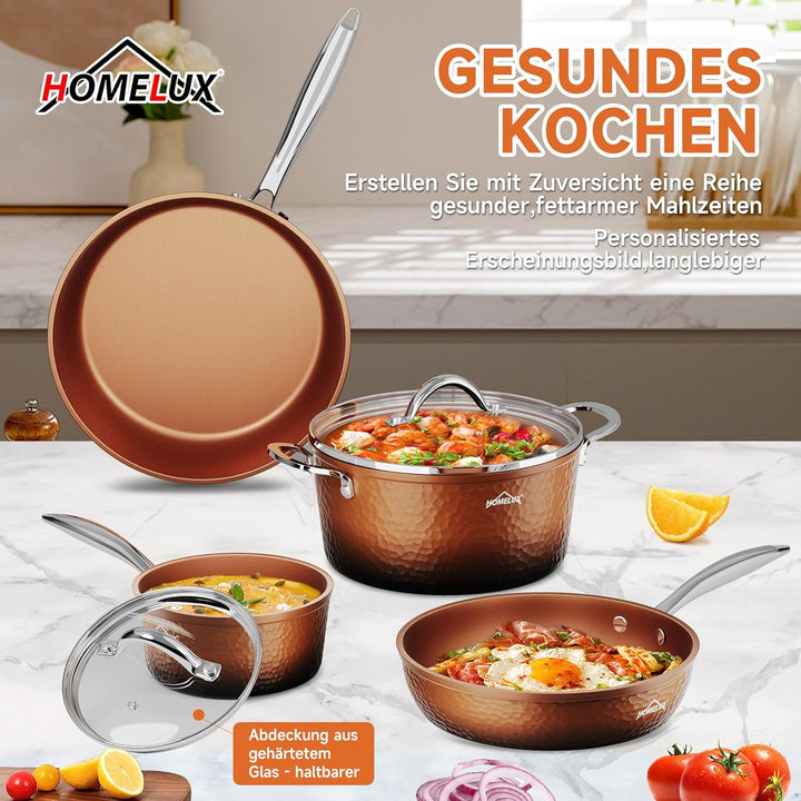 HOMELUX Topfset Pfannenset 6-tlg, Induktions Töpfe Set mit Deckel, Antihaftbeschichtung, Geschmiedet