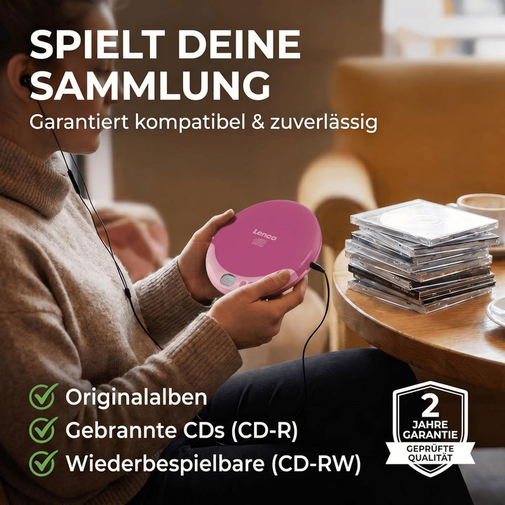 Lenco CD-011 - Tragbarer CD-Player Walkman - Diskman - CD Walkman - Mit Kopfhörern und Micro USB Lad