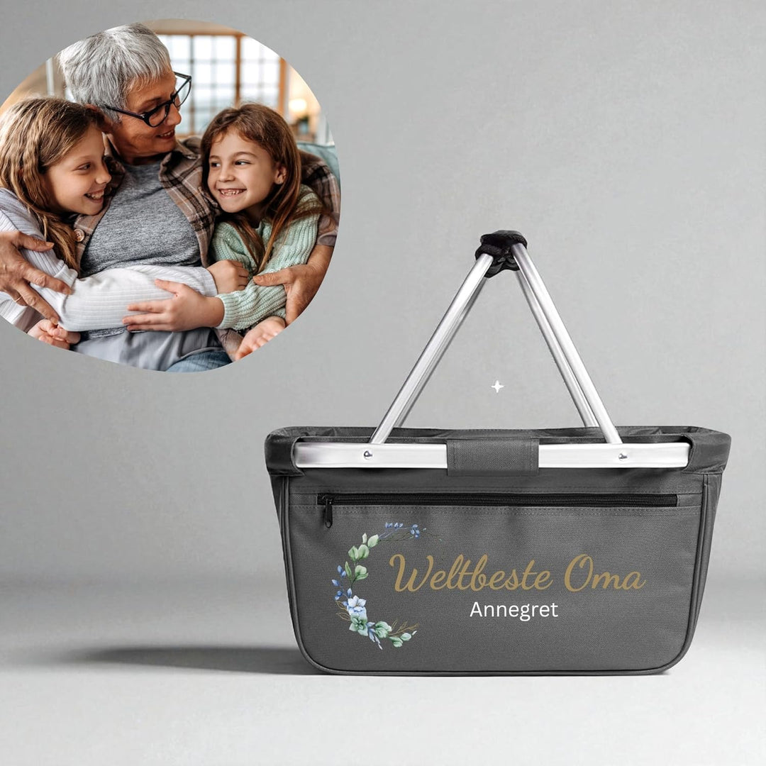 Einkaufskorb personalisiert mit Wunschtext – Geschenk für Oma mit Blumenmotiv – personalisiertes Ges