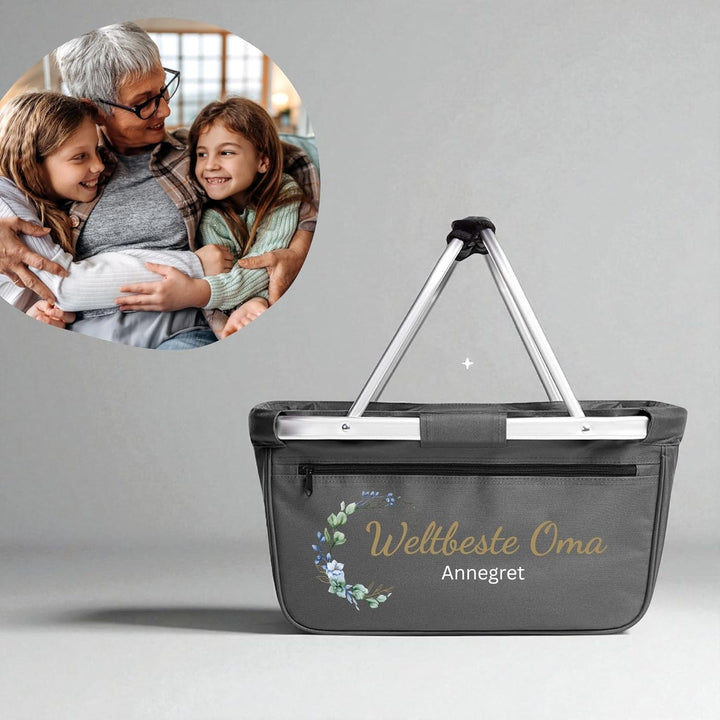 Einkaufskorb personalisiert mit Wunschtext – Geschenk für Oma mit Blumenmotiv – personalisiertes Ges
