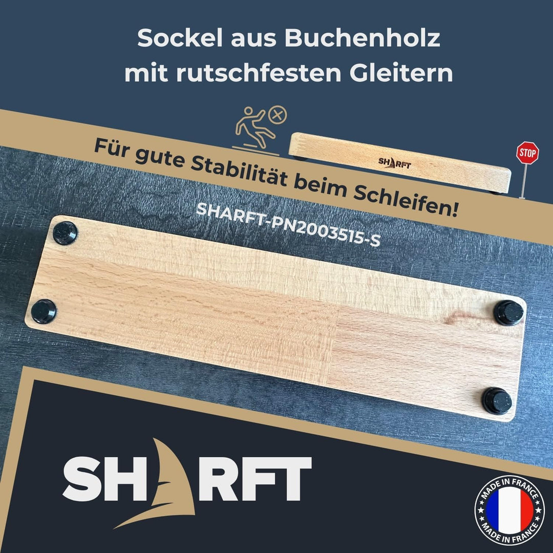 SHARFT, natürlicher Schleifstein aus den Pyrenäen 800/1000 + Holzsockel. Schleifstein mit 2 Körnunge
