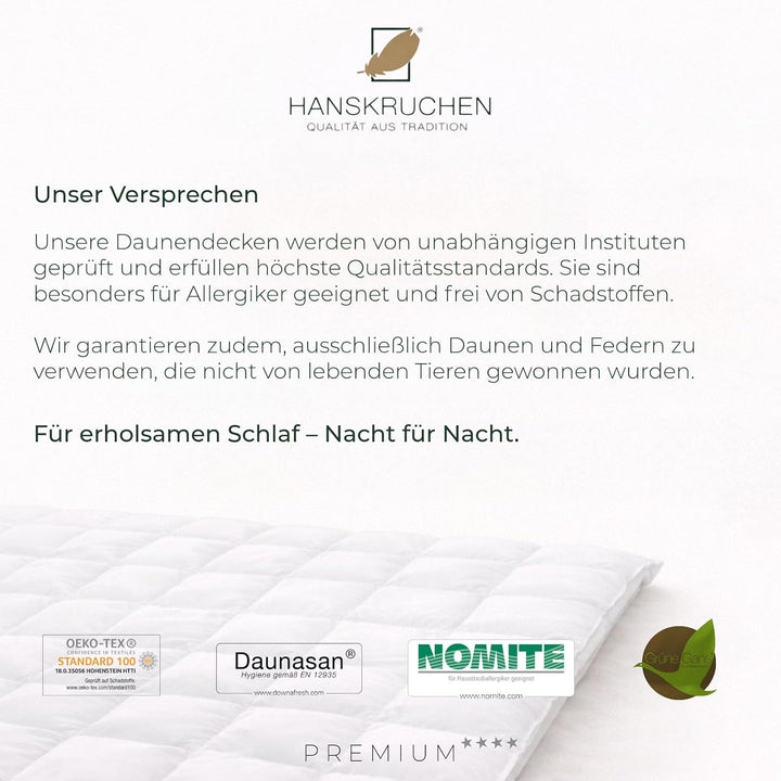 Hanskruchen® Premium **** Daunendecke 200x220 cm - MEDIUM/Ganzjahres - Made in Germany Kassettendeck