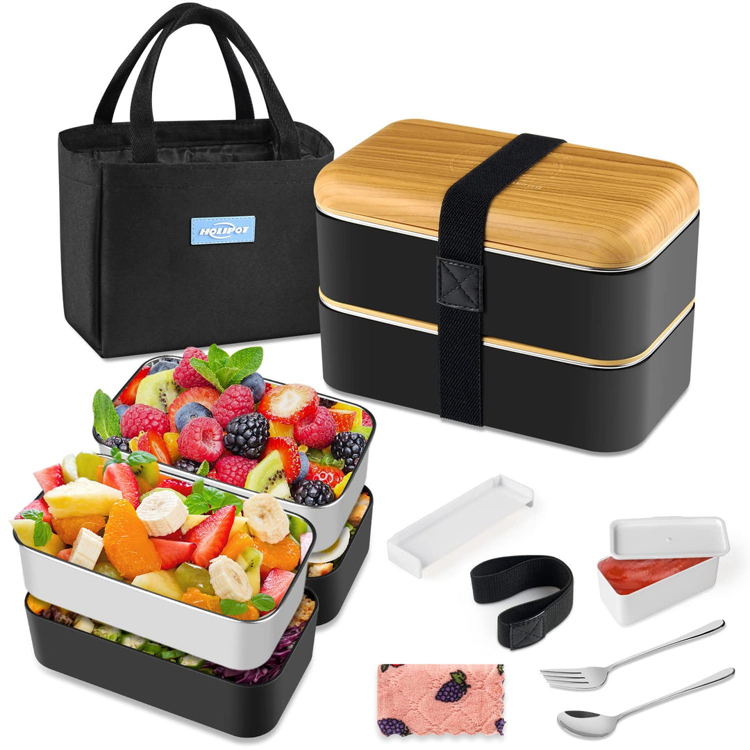 Bento Box Schwarz, Lunchbox Brotdose mit Fächern 2 Ebenen mit 2 Stück Umweltfreundlichen PP & Edelst