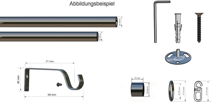 Tilldekor Komplettset, ausziehbare Gardinenstange Andrax, edelstahl-optik, Ø 16/19 mm, 1-Lauf, 120-2