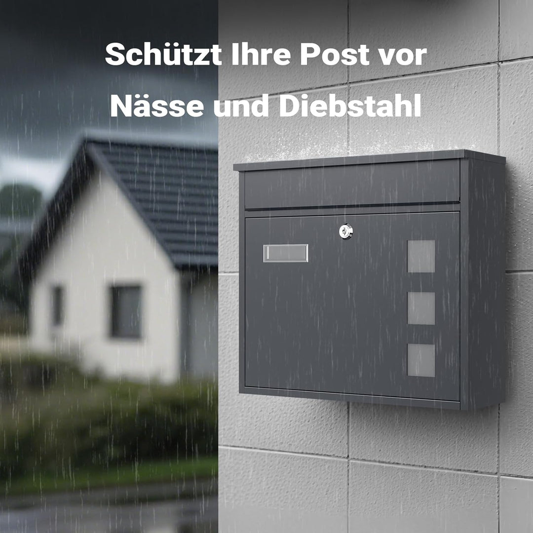 Wiltec Briefkasten V12 Anthrazit 360 x 115 x 320 mm, Wandbriefkasten mit Schloss, Sichtfenstern und