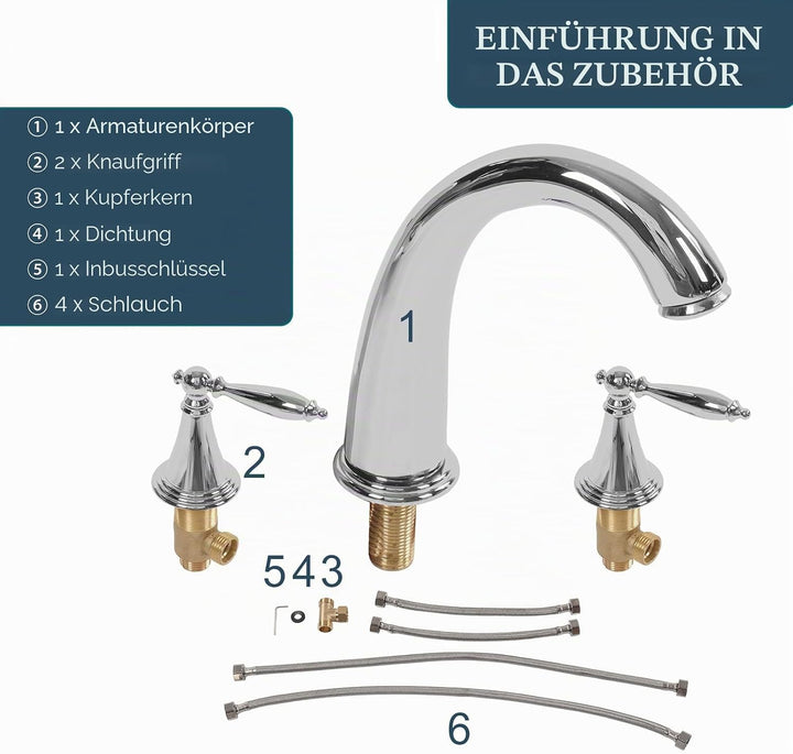 3 Loch Waschtisch Armatur, Vintage Waschbecken Mischbatterie mit Doppelgriff, Vollkupfer Deckmontage