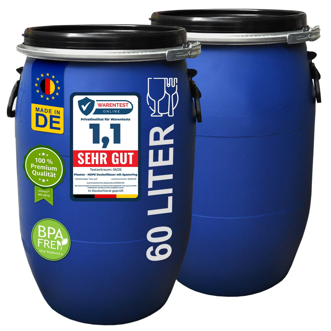 plasteo® 2 Stück: 60 L Weithalsfass mit Spannverschluss | 100% Lebensmittelecht | Universalfass | Fu