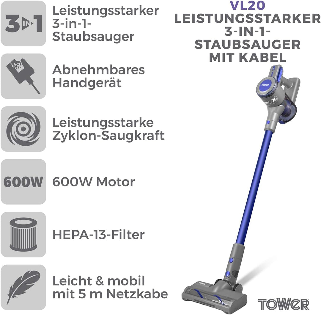 Tower T513006 VL20 3-in-1 Leistungsstarker Staubsauger mit Kabel mit HEPA-Filter & Haustierbürste, 1