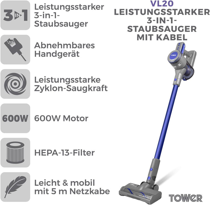 Tower T513006 VL20 3-in-1 Leistungsstarker Staubsauger mit Kabel mit HEPA-Filter & Haustierbürste, 1