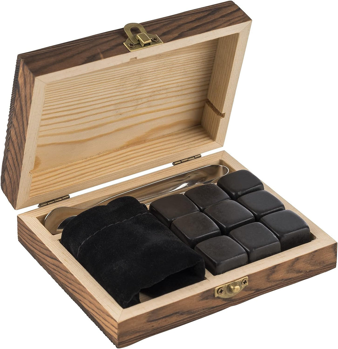 Buddy´s Bar - 9 Whiskey Steine, 2 x 2 cm, Geschenkset Premium, stilvolle Holzbox, Samtbeutel, Zange,