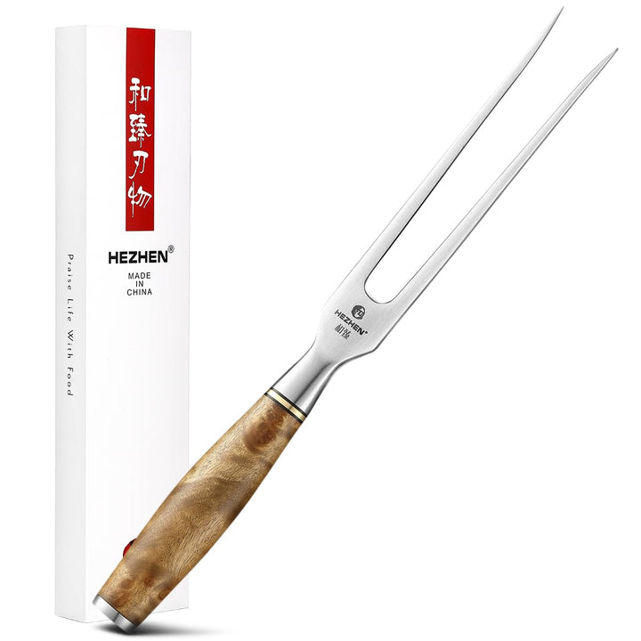 HEZHN Tranchiergabel Fleischgabel Outdoor Grillgabel 430 Edelstahl Figaro Bergahorn Holz Geschenkbox
