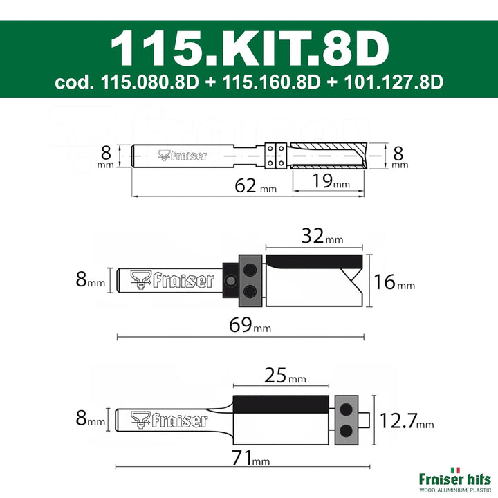 Fraiser 3er Set Kopierfräser und Bündigfräser mit oberem und unterem Kugellager – 8 mm Schaft, Präzi