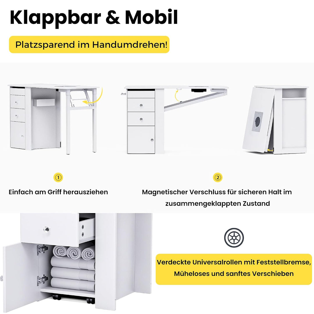 Klappbarer Nageltisch mit Staubabsaugung & LED-Lampe, Mobiler Manikürtisch auf Rollen mit 3 Schublad