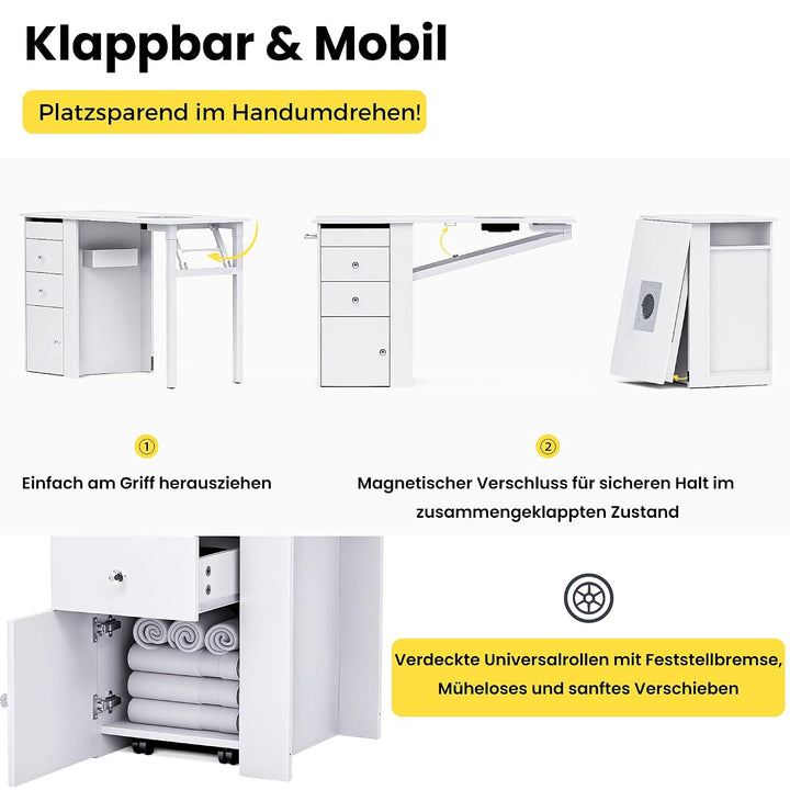 Klappbarer Nageltisch mit Staubabsaugung & LED-Lampe, Mobiler Manikürtisch auf Rollen mit 3 Schublad
