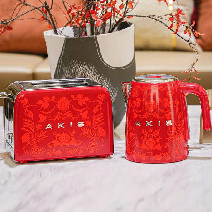 AKIS La Fête Design Toaster und Wasserkocher Set aus Edelstahl in Rot Farbe mit Barock Muster, Toast
