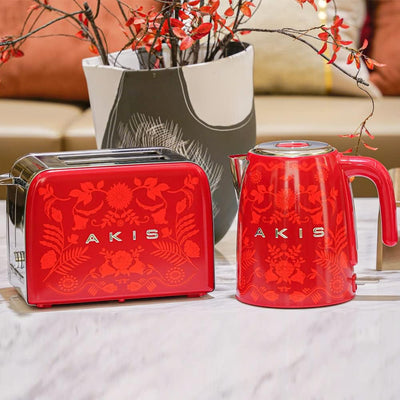 AKIS La Fête Design Toaster und Wasserkocher Set aus Edelstahl in Rot Farbe mit Barock Muster, Toast