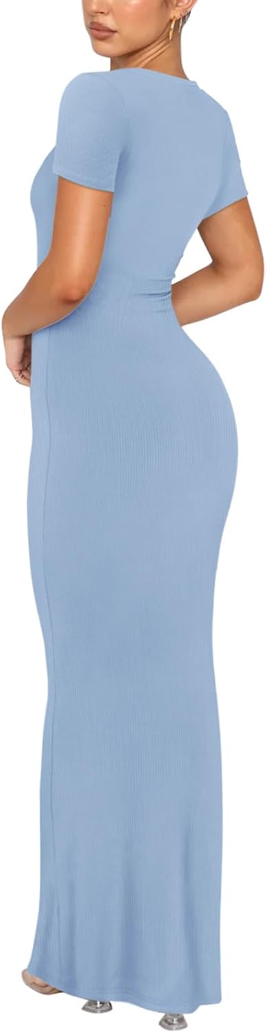 REORIA Damen Sommer Casual Lounge Langes Kleid Elegant Kurzarm Rundhalsausschnitt Figurbetontes Maxi