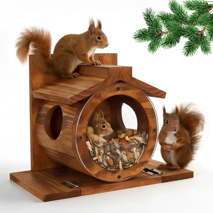 NAVESO Eichhörnchen Futterhaus, Eichhörnchen Haus Wetterfest,Eichhörnchenhaus aus Holz mit Runden Tr