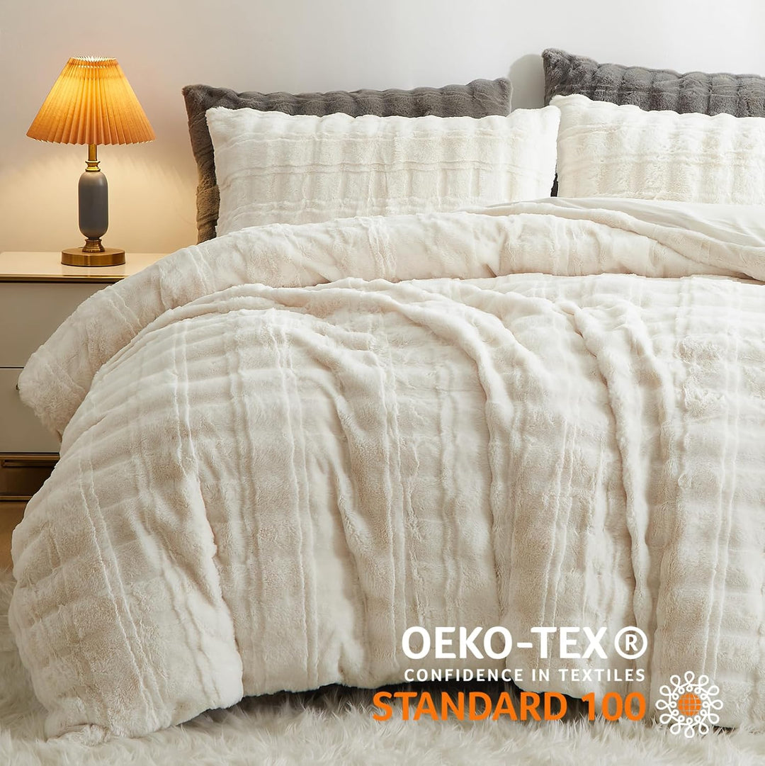 Freyamy Plüsch Bettwäsche-Set 135x200 2tlg Fleece Cremefarben,Kuschelig Warm Bettwäsche Winter Kunst