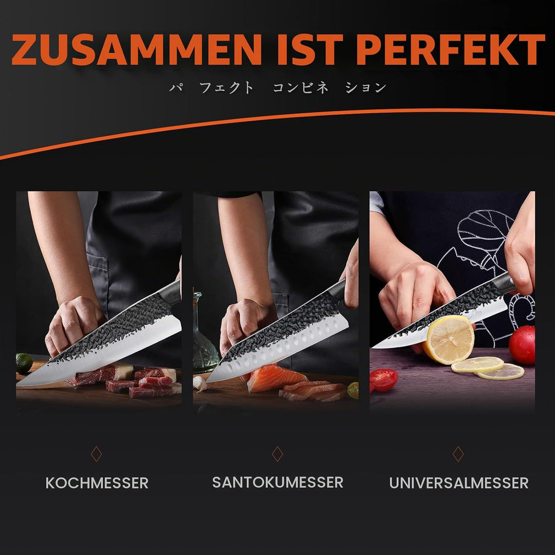 Purple Dragon Kochmesser-Set-3-teilig Professionell Messerset Küchenmesserset mit ergonomischem Grif