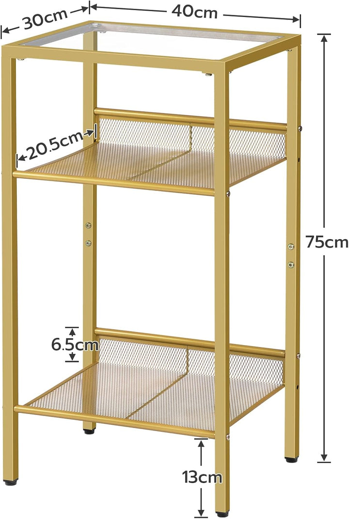 HOOBRO Beistelltisch Gold, Telefontisch, 3-stöckiger Nachttisch mit Platte aus gehärtetem Glas und G