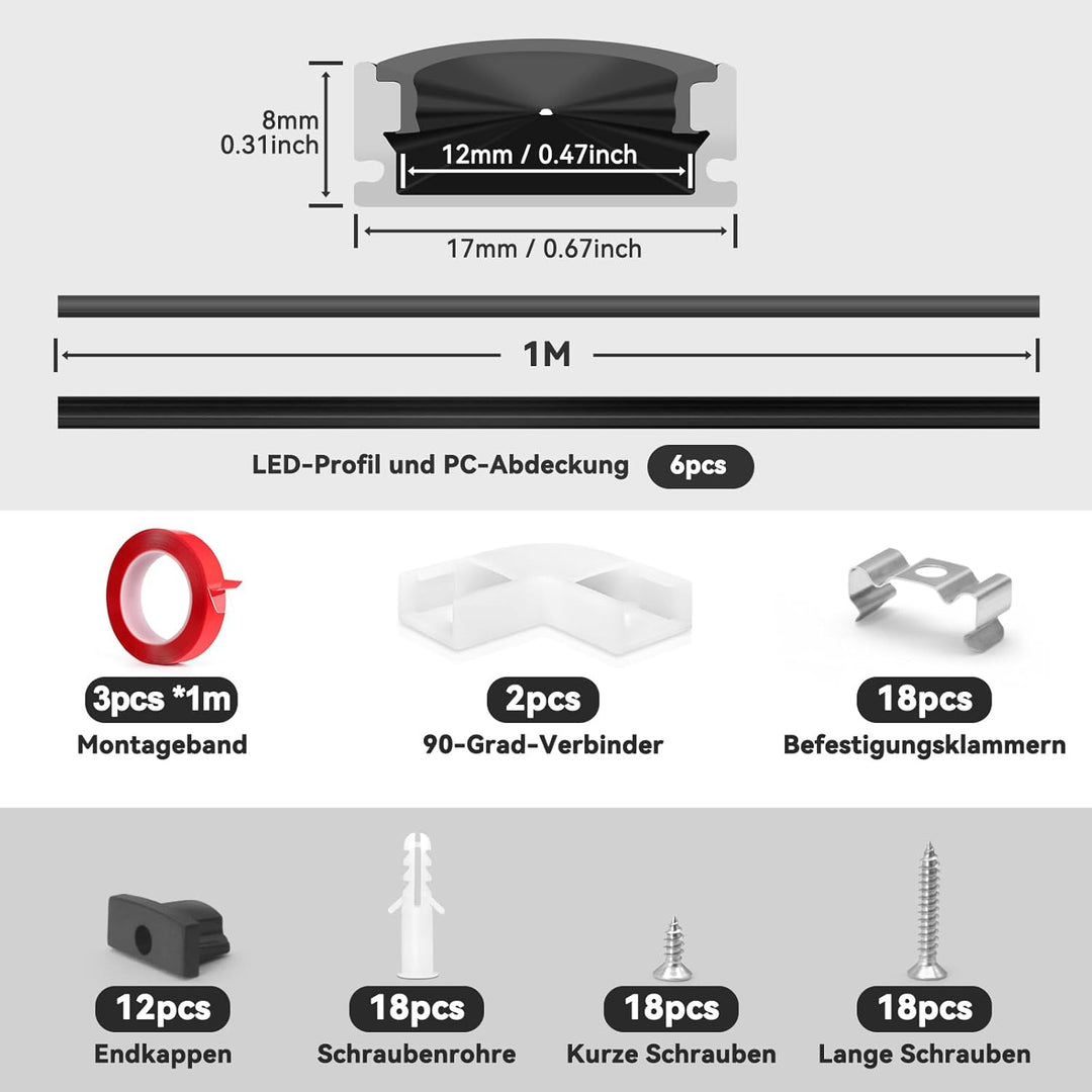 HOMMAND 6 x 1m/3,3ft LED Profil U-Form, LED Leiste Profil und Diffusor, LED Streifen Kanal mit Eckve