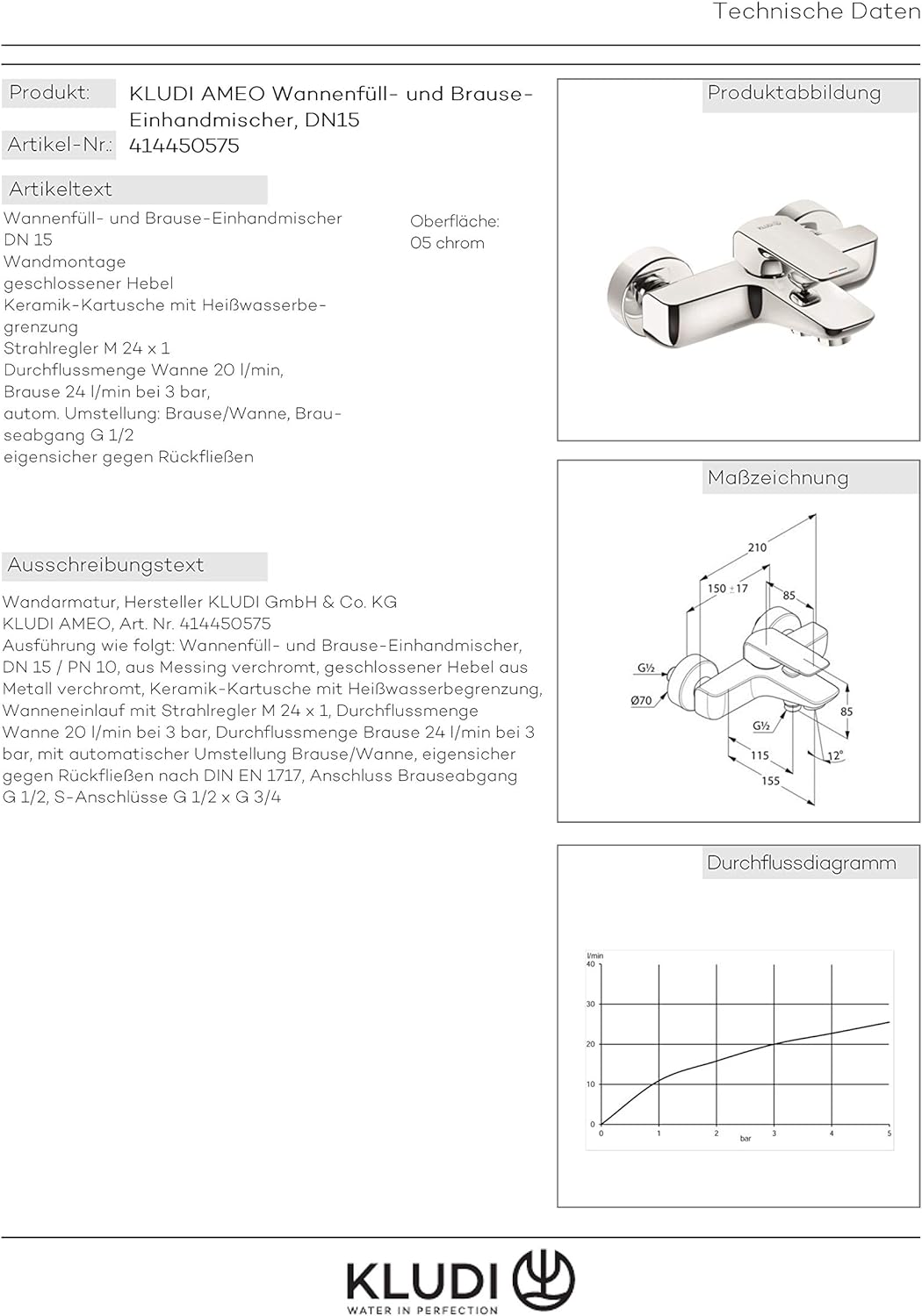 Kludi 414450575 , Wannenfüll- und Brause-Einhandmischer DN 15, Chrom